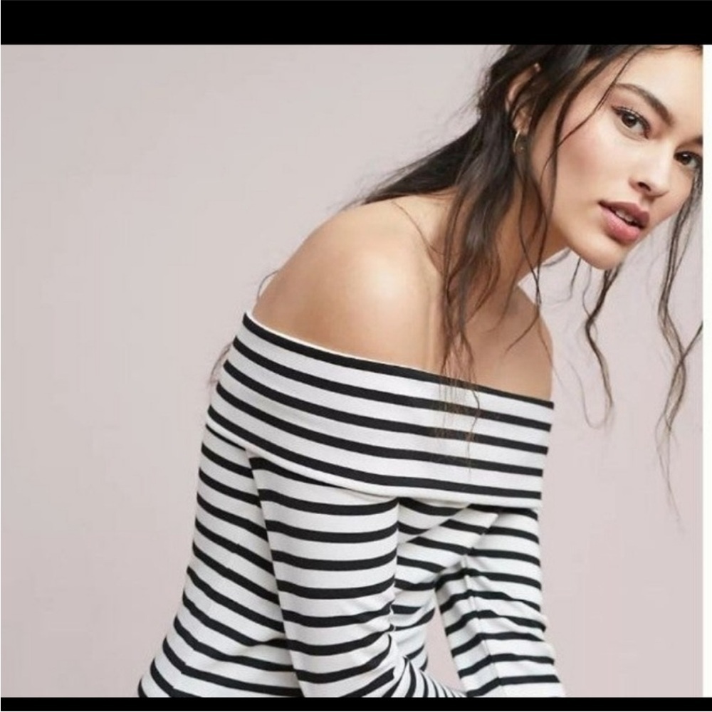 ANTHROPOLOGIE Alexi Off the Shoulder Top White Black Striped 3/4 Sleeve Sz L